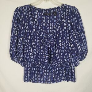 100% Silk Top Womens 12P Blue Ruffle Peplum Hem Bow Front 70s Mod Retro Coquette